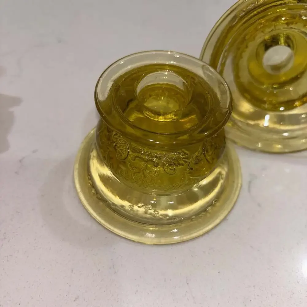 Vintage Federal Glass Madrid Amber Yellow Depression Glass Candle Holder Pair